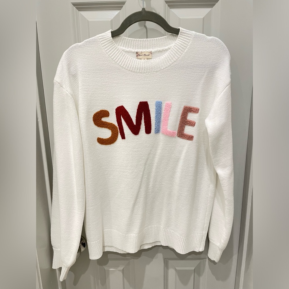 Hem & Thread White Sweater with Multicolor 'SMILE' Design